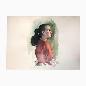 Portrait de Femme, 1980s, Aquarelle sur Papier