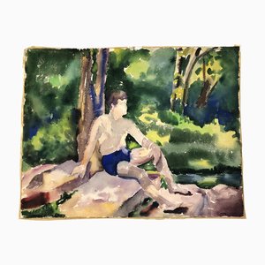 Aquarelle, Man in Swimsuit in Woodland, 1970s