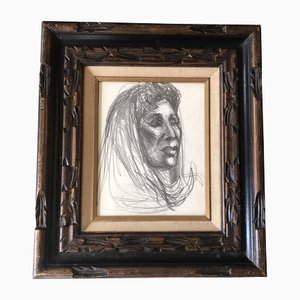 Retrato femenino, dibujo al carboncillo, años 70, enmarcado