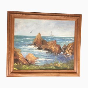 Paisaje marino, años 70, pintura sobre lienzo, enmarcado