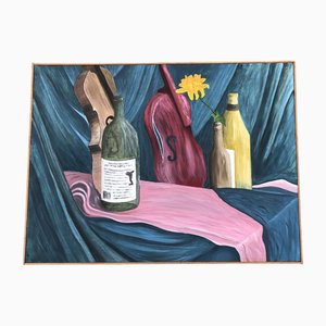 Bodegón Mid Century con botellas y violines, años 70, Pintura sobre lienzo