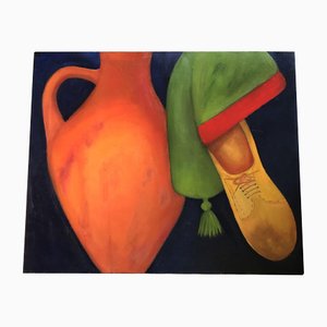 Nature Morte Moderniste avec Pot en Terre Cuite et Chaussure, 1990s, Peinture sur Toile