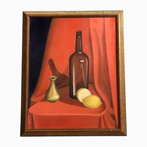 Bodegón con botella y limones, años 70, pintura sobre lienzo, enmarcado