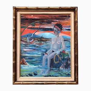 Desnudo femenino en paisaje marino, años 70, pintura sobre lienzo