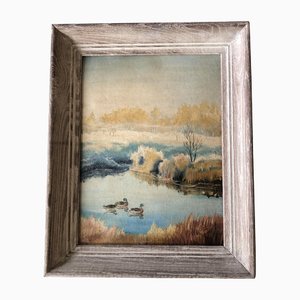 Patos en el estanque, años 50, pintura sobre lienzo, enmarcado