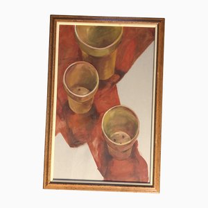 Cuadro de bodegón con vasijas de barro, años 80, Pintura sobre papel, enmarcado