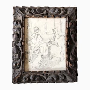 Interior with Figures & Dog, 1970s, Charcoal Drawing, Framed