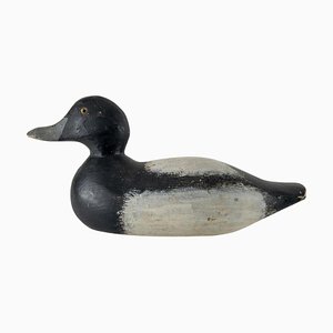 Leurre de Canard Noir et Blanc en Bois Sculpté, Milieu du 20e Siècle