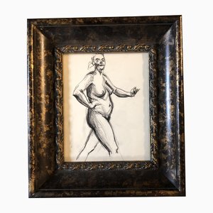 Estudio con desnudo de mujer, años 70, Carbón sobre papel, enmarcado