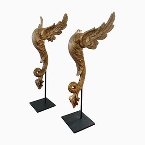 18th Century Carved Giltwood Architectural Winged Fragments with Serpent Tails