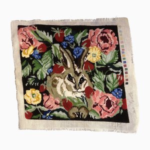 Vintage Hand Done Needlepoint Picture Rabbit in Flowers