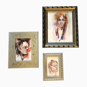 Aquarelle sur Papier, Portraits, 1970s, Encadré, Set de 3