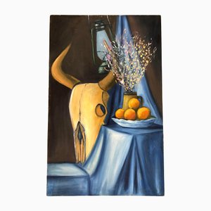 Bodegón con calavera de vaca y flores, años 80, Pintura sobre lienzo