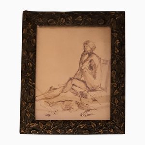 Nude Figures on Beach, 1960s, Sepia Ink on Paper, Framed