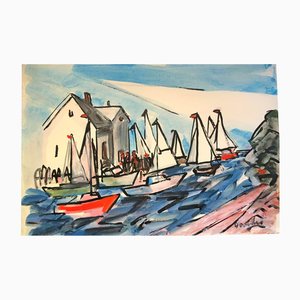 Abstract Sail Boat Village Modernist, 1970s, Aquarelle sur Papier