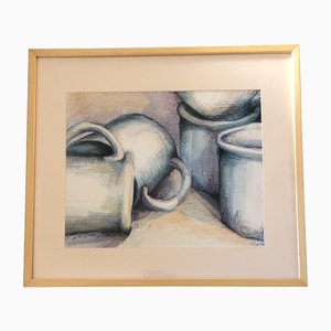 Pastel Drawing Still Life with Coffee Mugs, 1980s, Artwork on Paper, Framed