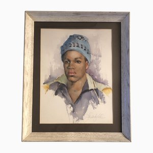 Young Male Portrait, 1970s, Watercolor on Paper, Framed