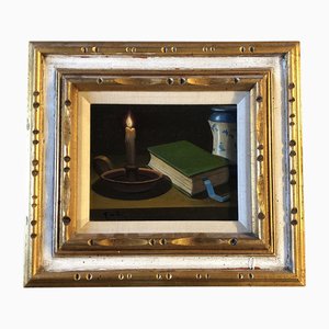 Bodegón con libro y candelabro, años 60, pintura sobre lienzo, enmarcado