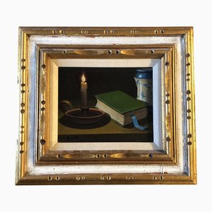 Still Life with Book & Candlestick, 1960s, Painting on Canvas, Framed