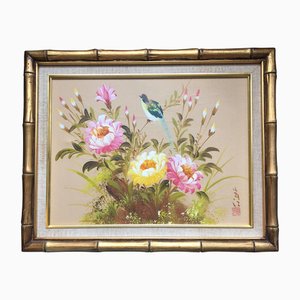 Pintura china floral con pájaro, años 70, pintura y madera y bambú y lienzo y lino, enmarcado