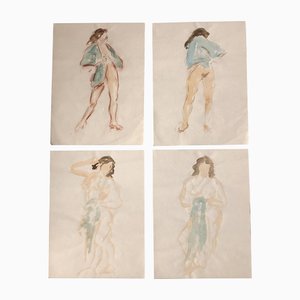 Female Nude, 1970s, Watercolors on Paper, Set of 4