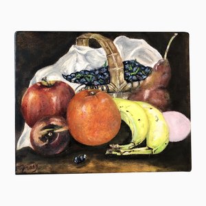 Natura morta con frutta e cesto, anni '90, dipinto su tela