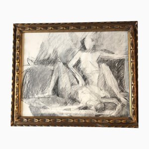 Abstract Double Nude, Charcoal Drawing, 1970s, Framed
