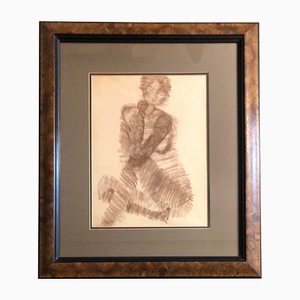 Female Nude Life Study, 1950s, Chalk on Paper, Framed