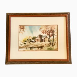 Traditional Vintage Barn Watercolor Painting by Keith Hoffman, 1980s, Watercolor & Wood