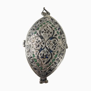 Caja coránica islámica antigua de plata esmaltada