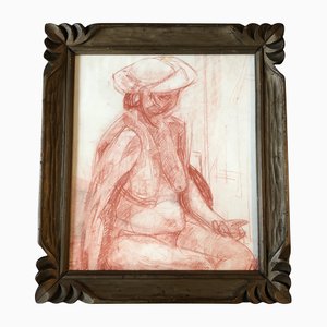 Desnudo de mujer, años 60, sepia sobre papel, enmarcado