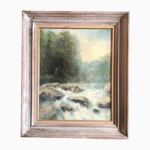 River Landscape with Falls & Rocks, 1960s, Painting on Canvas, Framed