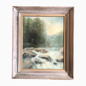 River Landscape with Falls & Rocks, 1960s, Peinture sur Toile, Encadré