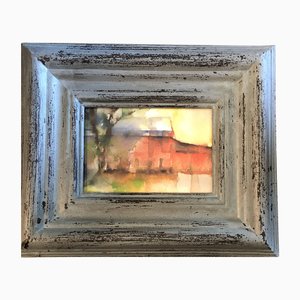 Abstract Barn Watercolor Painting Distressed Wood Frame, 1970s, Watercolor on Paper