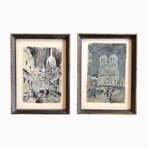 Norte Dame & Montmartre, anni '50, Litografia su carta, con cornice, set di 2