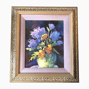 Floral Still Life Watercolor Painting Signed, 1970s, Watercolor & Fabric on Paper, Framed