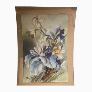 Aquarelle Florale, Années 1950, Aquarelle sur Carton, Encadrée