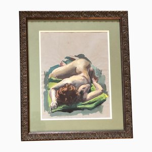 Desnudo femenino, años 70, pintura sobre papel, enmarcado