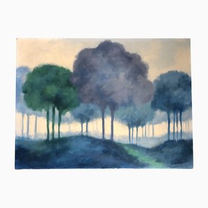 Paisaje abstracto con árbol azul, años 80, pintura en lienzo