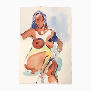 Abstract Expressionist Female Nude Watercolor Painting Double Sided, 1970s, Watercolor on Paper