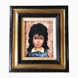 Großäugiges Mädchen, 1960er, Gemälde auf Leinwand, Gerahmt