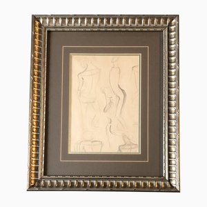 Estudio desnudo abstracto, años 50, Carbón sobre papel, enmarcado