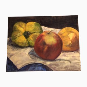 Still Life Painting Apple/Orange/Green Pepper, 1980s, Painting on Canvas