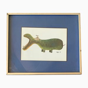 Hippo with Bird, 1960s, Paint on Paper, Framed