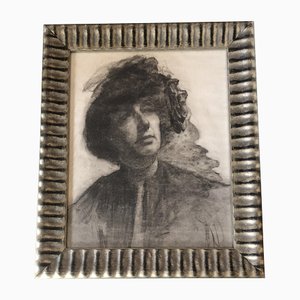 Art Deco Female Portrait, Charcoal Drawing, 1930s, Framed