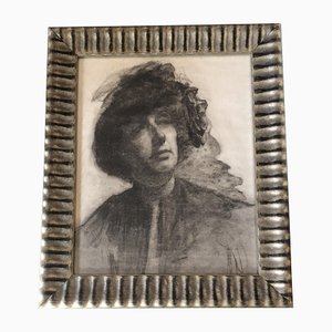 Portrait de Femme Art Déco, Dessin au Fusain, 1930s, Encadré