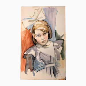 Portrait of Young Girl with Bow, 1970s, Watercolor on Paper