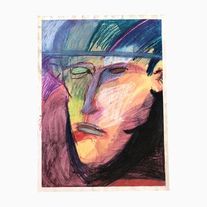 Dibujo de retrato abstracto en colores pastel original grande, años 70, papel