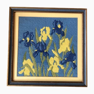 Vintage Hand Done Needlepoint Picture Irises Original Frame, 1960s