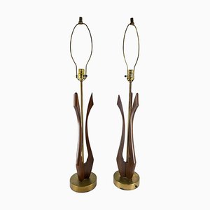 Mid-Century Modern Walnut and Brass Table Lamps attributed to Adrian Pearsall, Set of 2